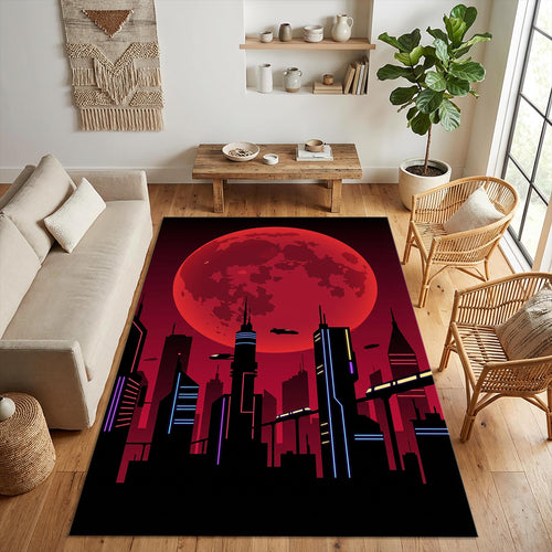 Cyberpunk City Area Rug Gaming Room Neon Bedroom Carpet Washable