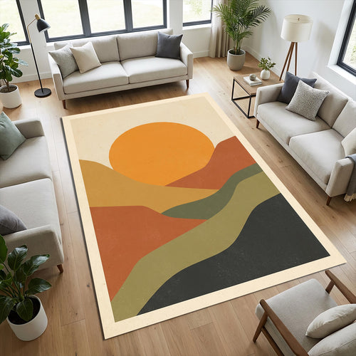 Mid Century Modern Sunset Rug Boho Living Room Carpet Washable
