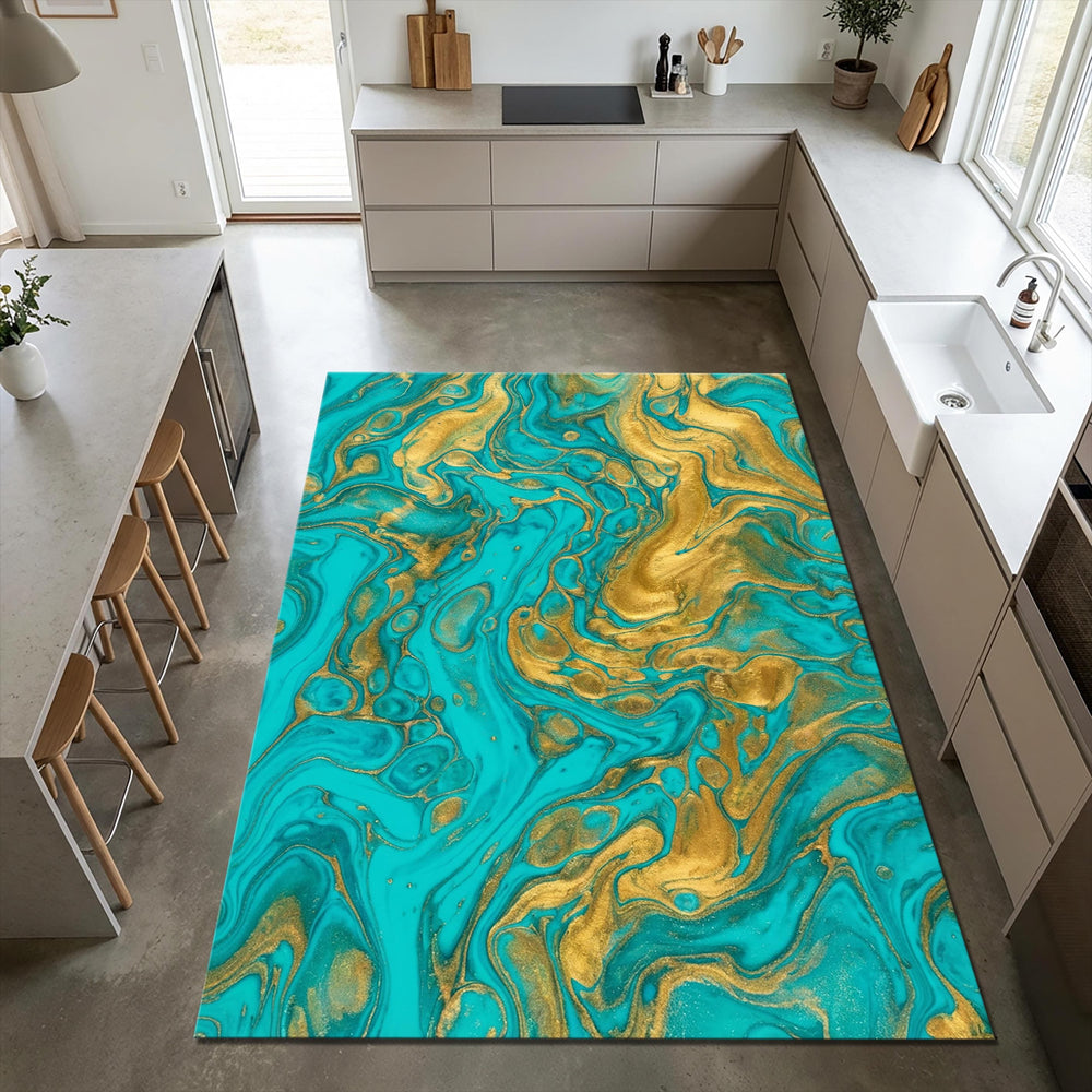 Turquoise Gold Marble Area Rug Luxury Living Room Carpet Washable