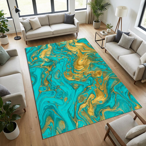 Turquoise Gold Marble Area Rug Luxury Living Room Carpet Washable