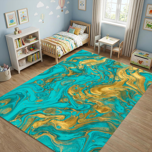 Turquoise Gold Marble Area Rug Luxury Living Room Carpet Washable
