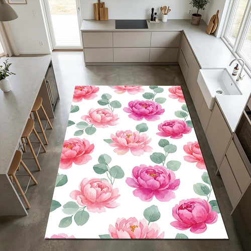 Watercolor Pink Peony Rug Bedroom Living Room Decor Washable