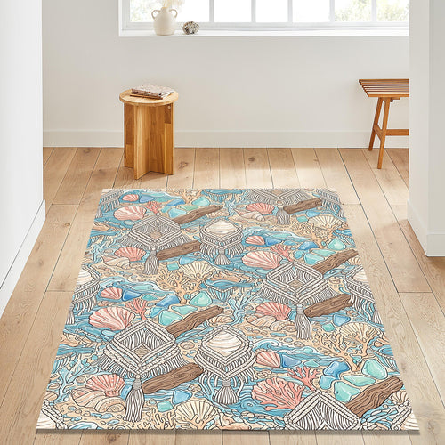 Coastal Macrame Sea Area Rug Beach House Bathroom Carpet Washable