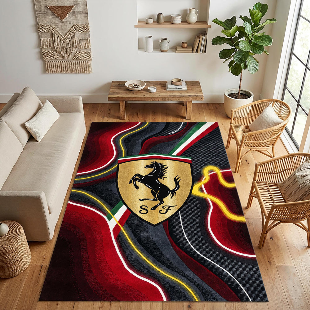Ferrari Gold Shield Area Rug Man Cave Abstract Car Carpet