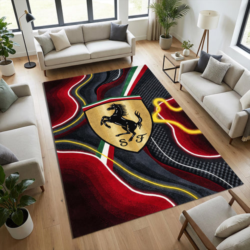 Ferrari Gold Shield Area Rug Man Cave Abstract Car Carpet