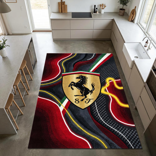 Ferrari Gold Shield Area Rug Man Cave Abstract Car Carpet