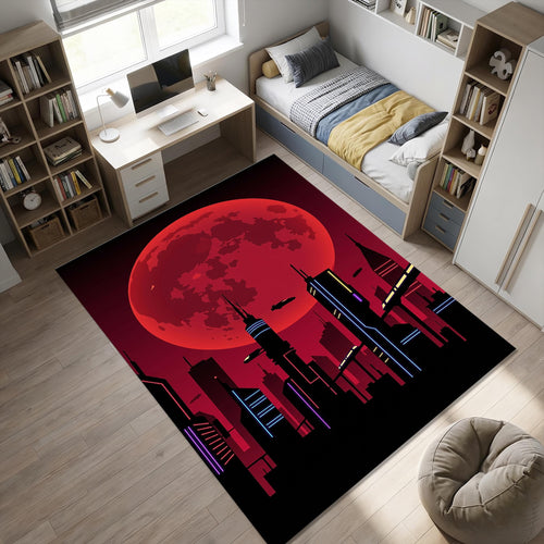 Cyberpunk City Area Rug Gaming Room Neon Bedroom Carpet Washable