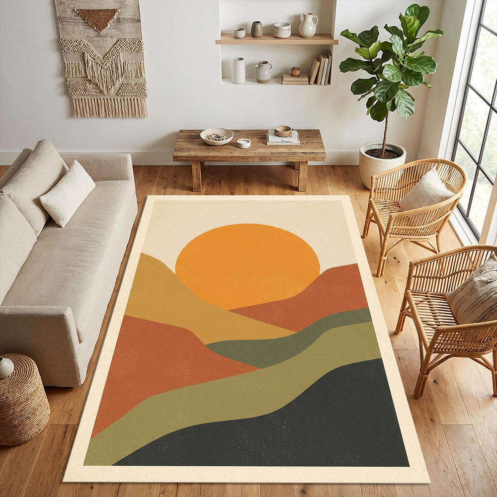 Mid Century Modern Sunset Rug Boho Living Room Carpet Washable