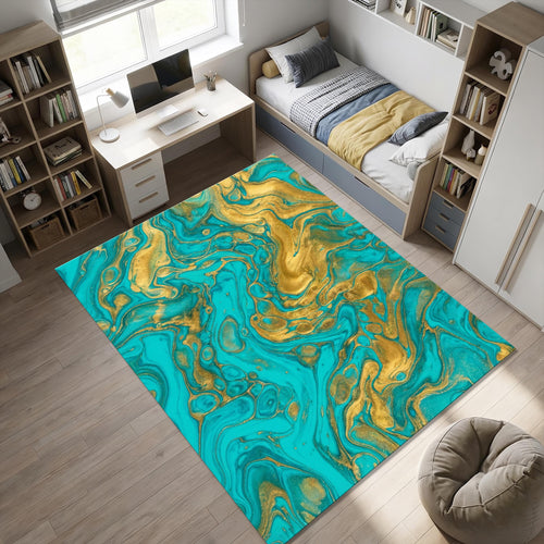 Turquoise Gold Marble Area Rug Luxury Living Room Carpet Washable
