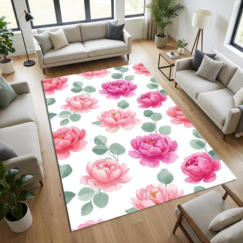 Watercolor Pink Peony Rug Bedroom Living Room Decor Washable