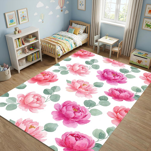 Watercolor Pink Peony Rug Bedroom Living Room Decor Washable